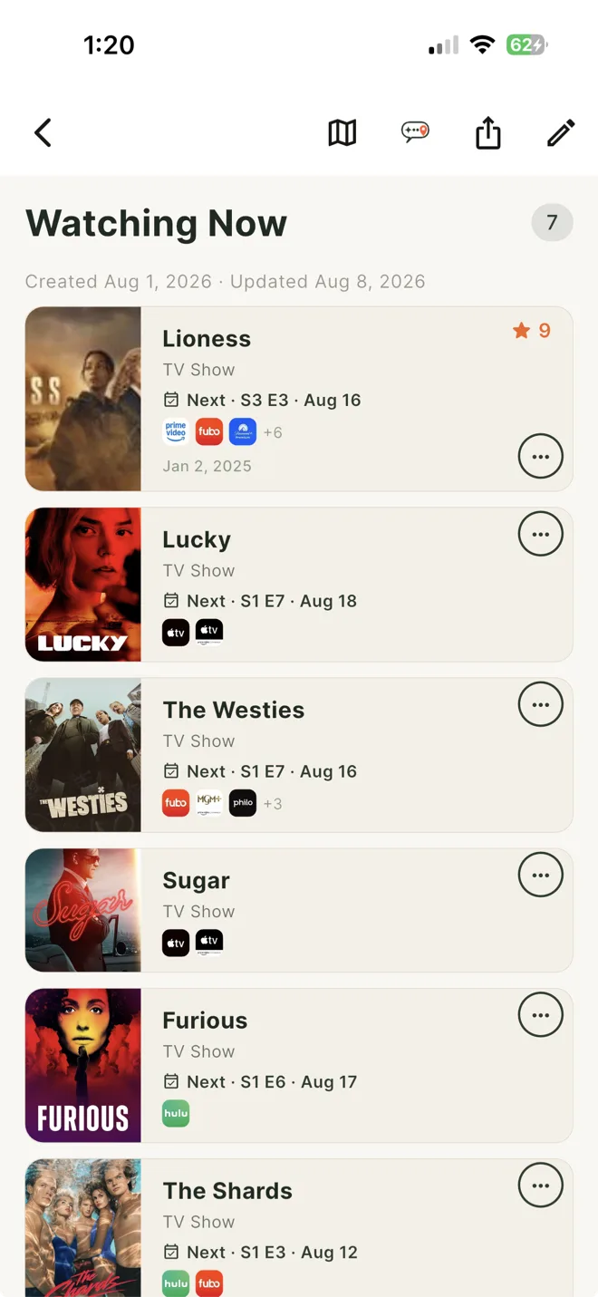 A RecSpot Watching Now reclist showing each show's streaming networks and next-episode air date